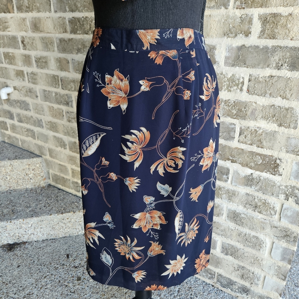 Vintage Amanda Smith Petites Skirt Scarf‎ Set Navy With Orange Floral 12P